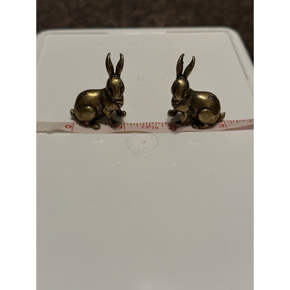 Pair Of Vintage Small Cast Brass Oriental Lucky Rabbit Hares  Trinket Figurine